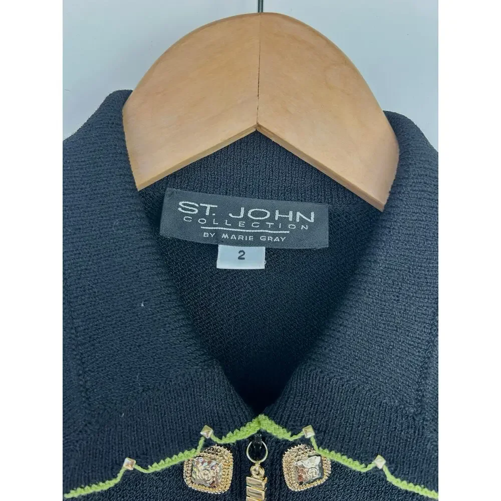 St. John Black Military Jacket Santana Knit Zip Gold Buttons Sweater Preppy 2